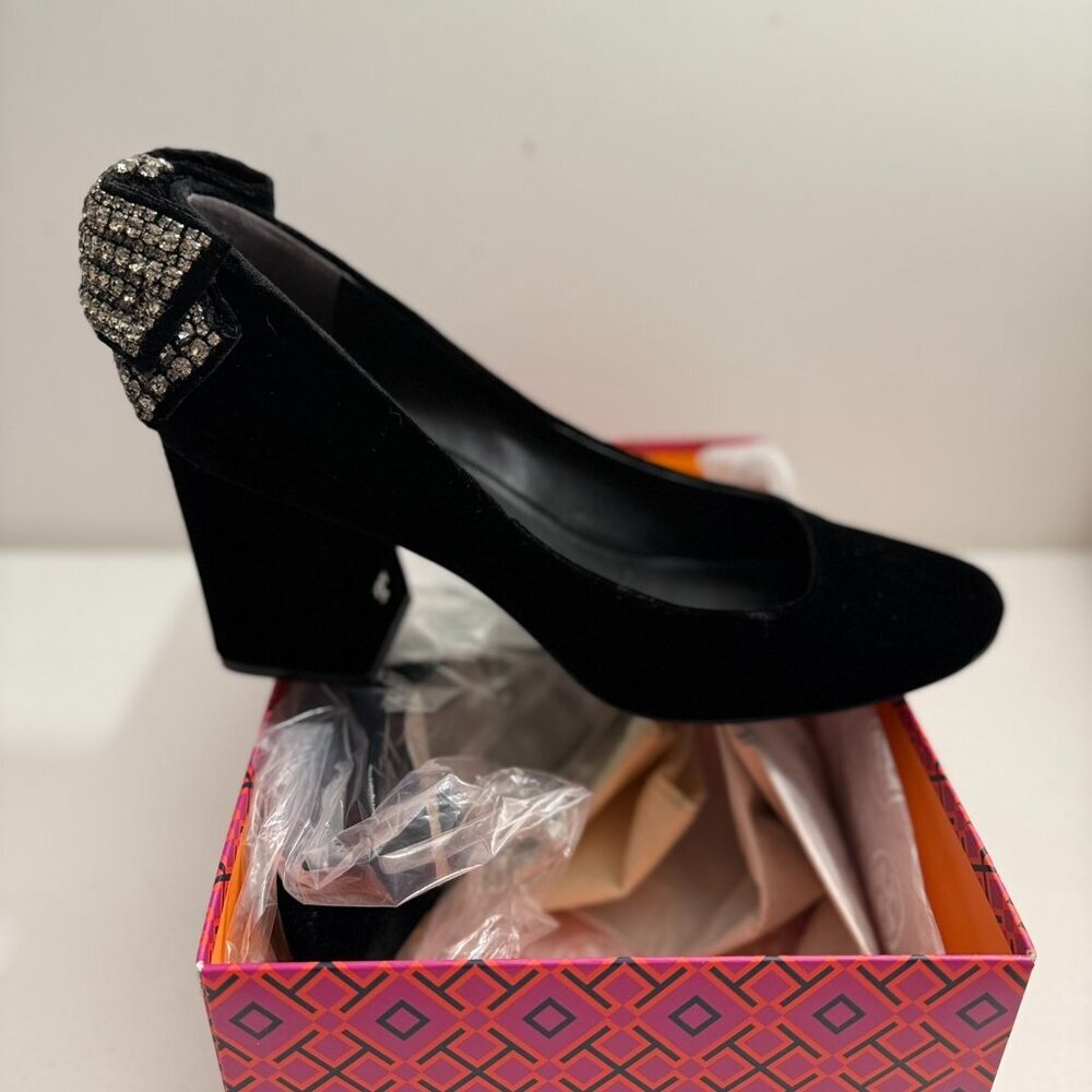 Tory Burch Josephine Velvet Pump Rhinestone Bow, Black, Size 10.5
